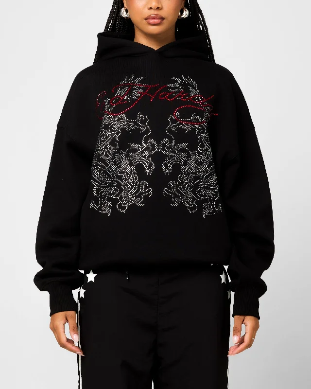 Ed Hardy Rhinestone Dragon Hoodie Black Hoodie with Distressed Vintage Worn