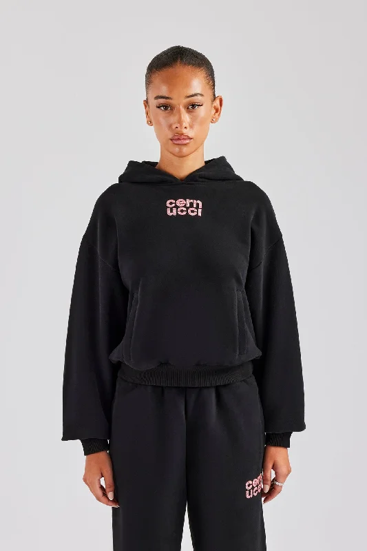 Glitter Applique Oversized Hoodie - Black Hoodie with Lace Feminine Delicate