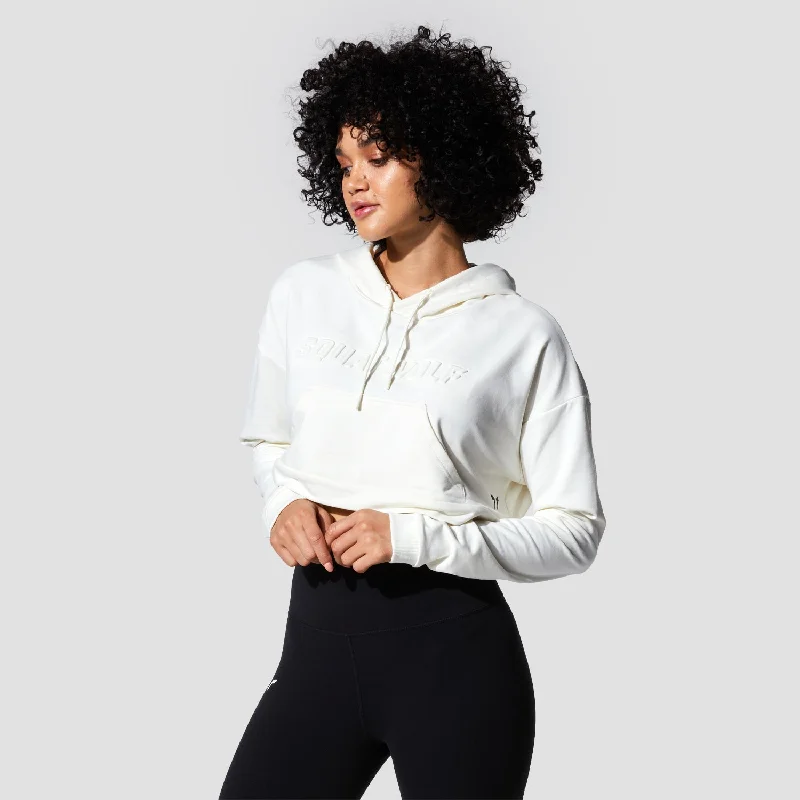 Graphic Wordmark Crop Hoodie - Star White Hoodie with Hem Raw Edge Edgy Unfinished