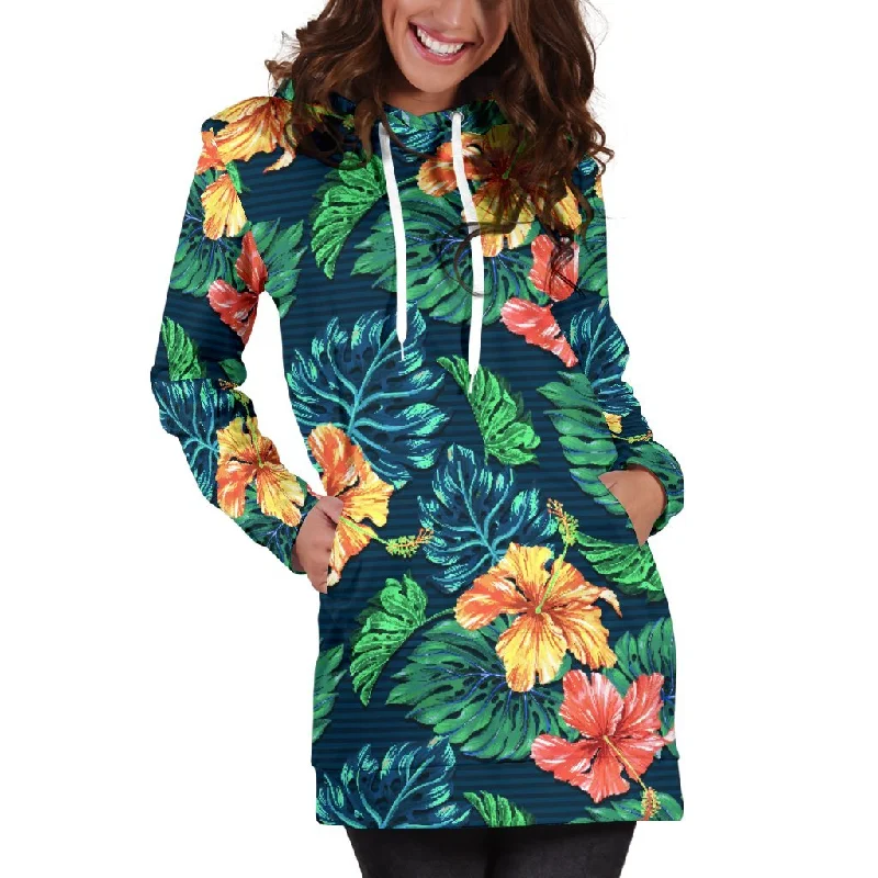 Hibiscus Monstera Hawaii Pattern Print Pullover Hoodie Dress Hoodie with V-Neck Classic Versatile Hibiscus Monstera Hawaii Pattern Print Pullover Hoodie Dress Hoodie with V-Neck Classic Versatile