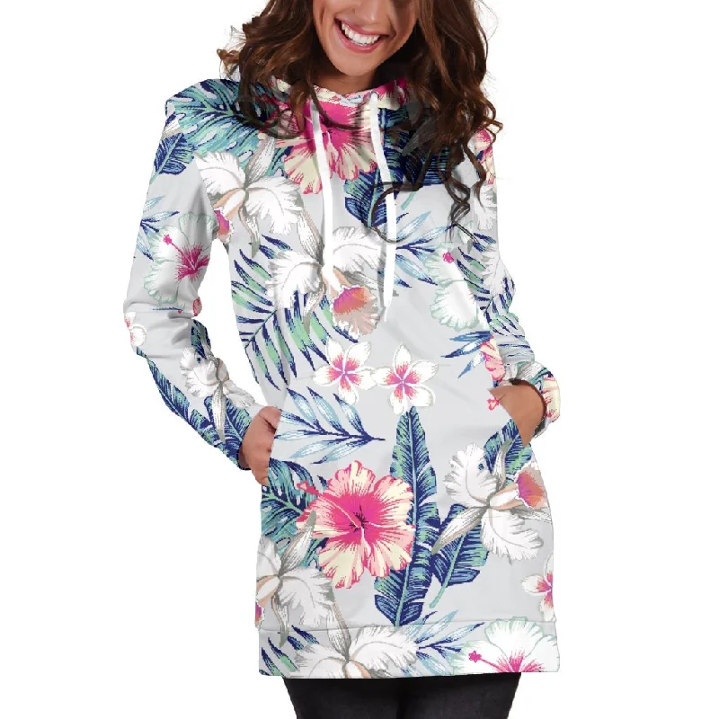 Hibiscus Orchids Hawaii Pattern Print Pullover Hoodie Dress Hoodie with Back Slit Movement Comfort Hibiscus Orchids Hawaii Pattern Print Pullover Hoodie Dress Hoodie with Back Slit Movement Comfort