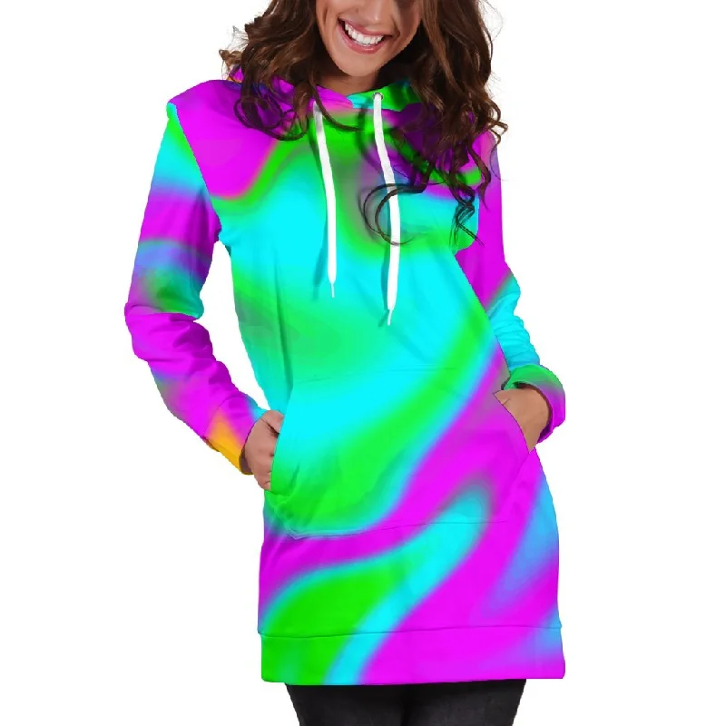 Holographic Neon Liquid Trippy Print Pullover Hoodie Dress Hoodie with Cropped Fit Short Trendy