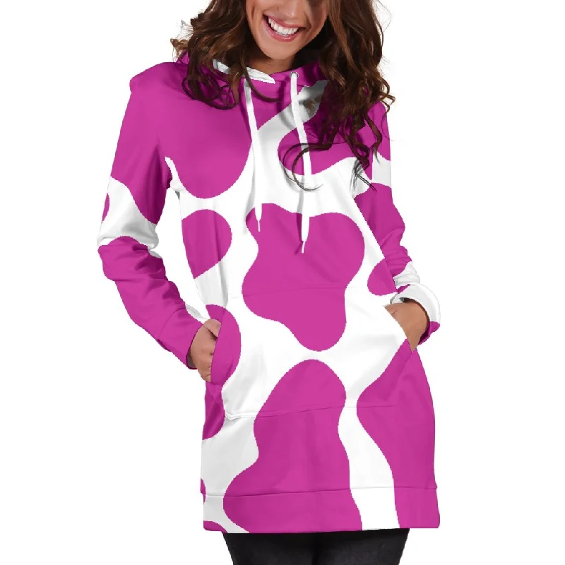 Hot Pink And White Cow Print Pullover Hoodie Dress Hoodie with Set-In Sleeves Structured Classic Hot Pink And White Cow Print Pullover Hoodie Dress Hoodie with Set-In Sleeves Structured Classic