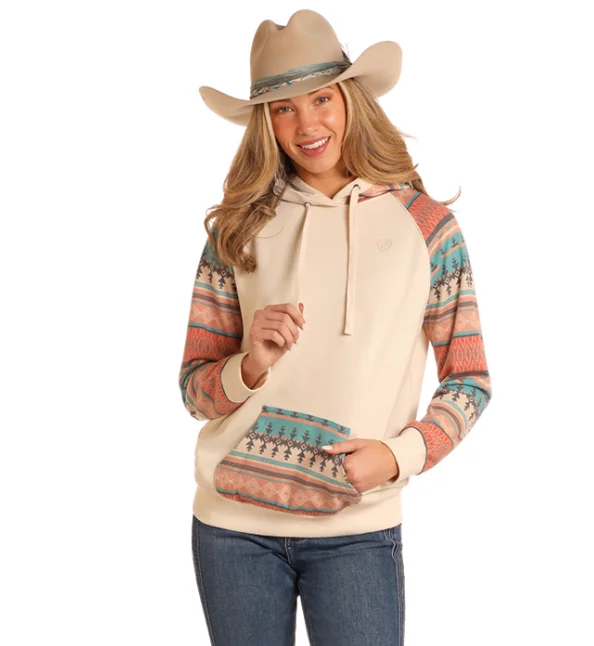 Rock & Roll Cowgirl Women's Cream with Turquoise Aztec Contrast Sleeve Hoodie BW94T05213 Hoodie with Snap Buttons Easy Quick