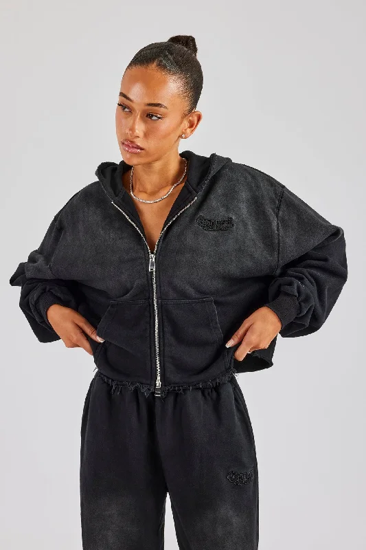 Washed Boxy Fit Zip Through Hoodie - Black Hoodie with Print Artistic Unique