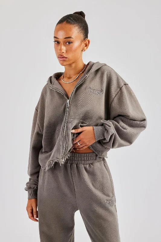 Washed Boxy Fit Zip Through Hoodie - Grey Hoodie with Hem Embroidery Detailed Premium Washed Boxy Fit Zip Through Hoodie - Grey Hoodie with Hem Embroidery Detailed Premium