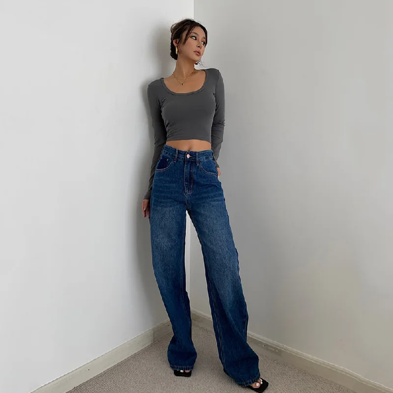 CannedPineapple Women's High Waist Wide Leg Dark Blue Denim Straight Leg Loose Drag Pants Relaxed Casual Leggings