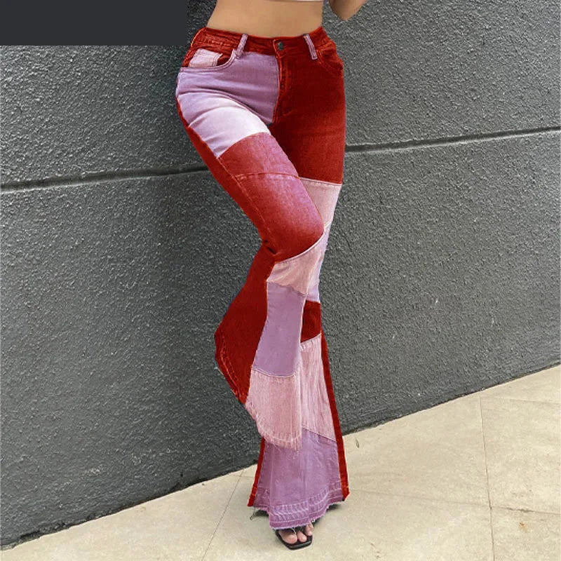 Contrast Color Patchwork High Waist Skinny Flared Pants for Women Casual Sweatpants Style