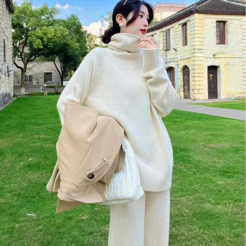Knitted suit for women 2023 autumn and winter new style lazy style loose high-necked knitted top high-waisted wide-leg pants two-piece set Soft Wool Pants Knitted suit for women 2023 autumn and winter new style lazy style loose high-necked knitted top high-waisted wide-leg pants two-piece set Soft Wool Pants