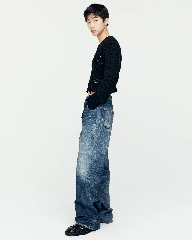 UNISEX TROMPE L'OEIL PRINTED DENIM PANTS apa741u(BLUE) Stylish Elastic Waist Pants