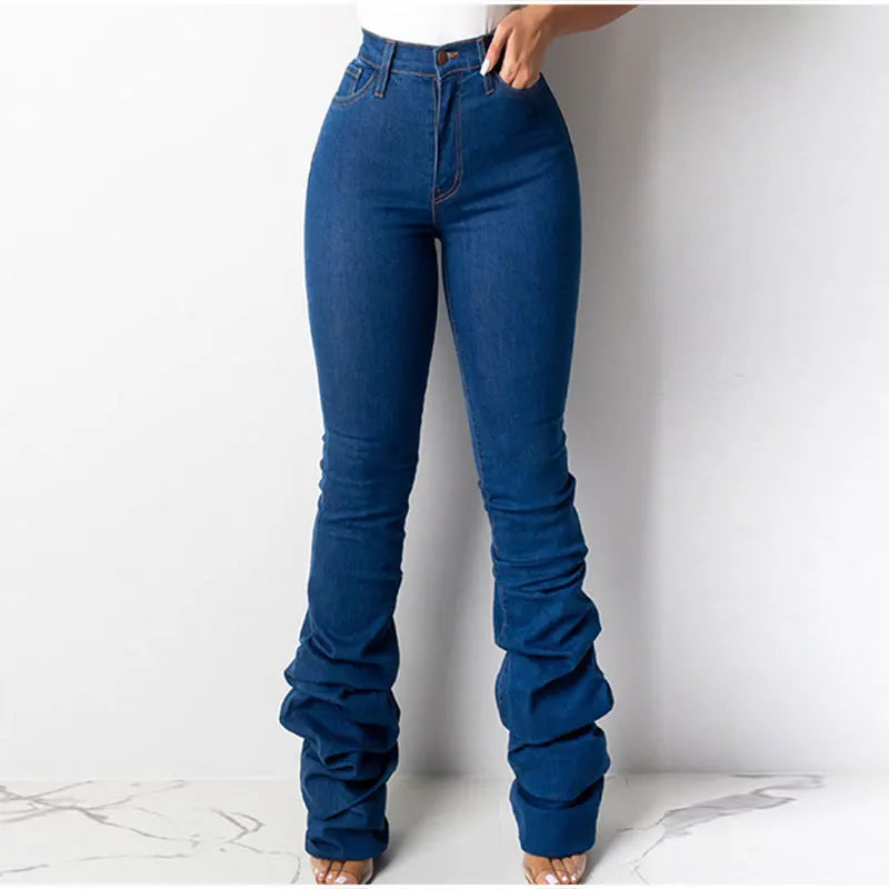 Women's Europe Style Vintage Sexy Denim Streetwear Stacked Flare Pants Classic Flared Pants