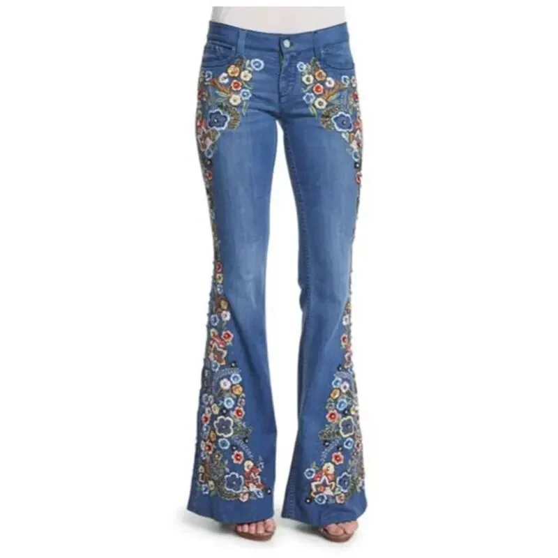 Women's High Street Fashion Floral Embroidery Multicolor Denim Flare Pants Stylish Elastic Waist Pants