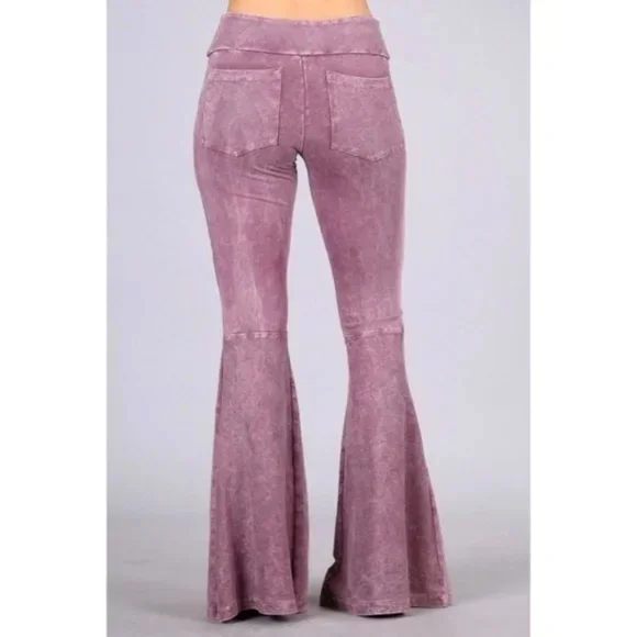 Dusty Rose Mineral Wash French Terry Flared Bell Bottom Pull On Pants w/ Pockets Classic Straight-Leg Pants