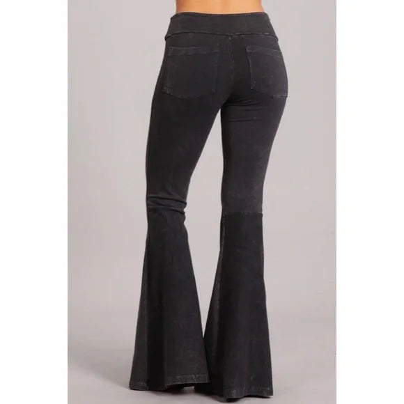 Dark Ash Mineral Wash French Terry Flared Bell Bottom Pull On Pants w/ Pockets Formal Dress Pants