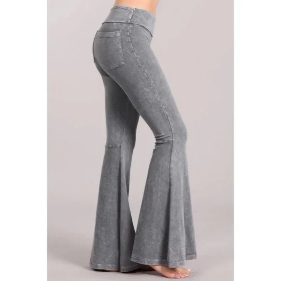 Light Gray Mineral Wash French Terry Flared Bell Bottom Pull On Pants w/ Pockets Lightweight Linen Pants