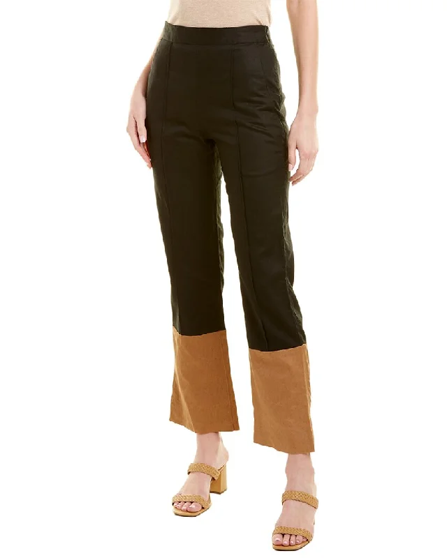 Arias Two-Tone Linen-Blend Flare Pant Trendy Wide-Legged Trousers
