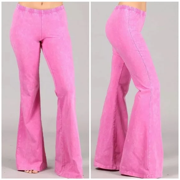 Bubble Gum Pink Boho Mineral Wash Flared Bell Bottom Stretch Pull On Pants Women Wide-Legged Palazzos Bubble Gum Pink Boho Mineral Wash Flared Bell Bottom Stretch Pull On Pants Women Wide-Legged Palazzos