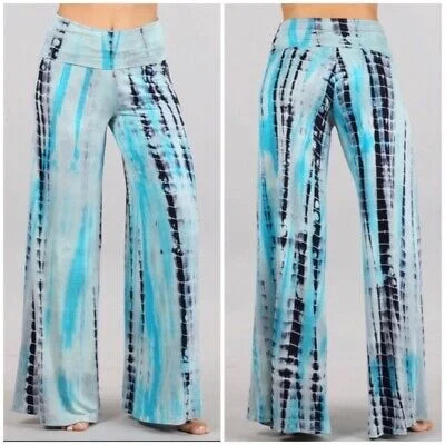 Bohemian Aqua Blue Tie Dye Wide Leg Palazzo Relaxed Fit Foldover Waist Lounge Pants Cozy Knit Pants
