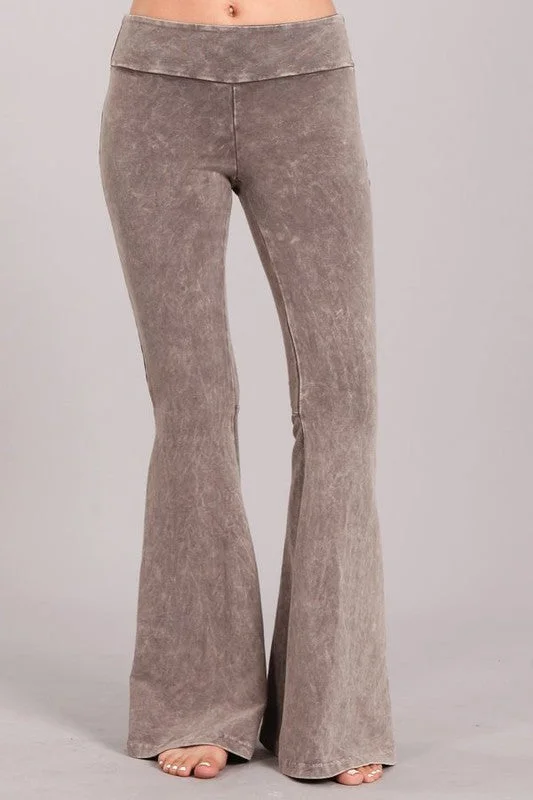 Desert Taupe Mineral Wash French Terry Flared Bell Bottom Pull On Pants w/ Pockets Comfortable Wide-Leg Pants