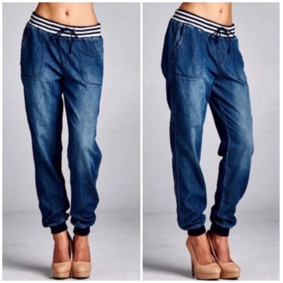 Dark Denim Elastic Pull On Waist Jogger Casual Pants Womens Formal Stretch Pants