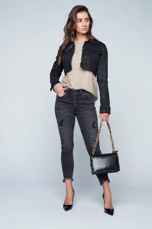 ELLE - High Rise Cropped Pants - Vintage Black Comfy Zip-Up Pants