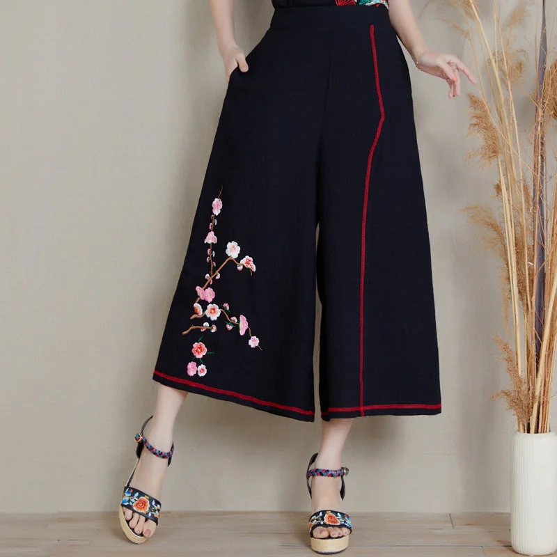 Floral Emboidery Chinese Style Women's Loose Pants Capri Pants Trendy Work Pants