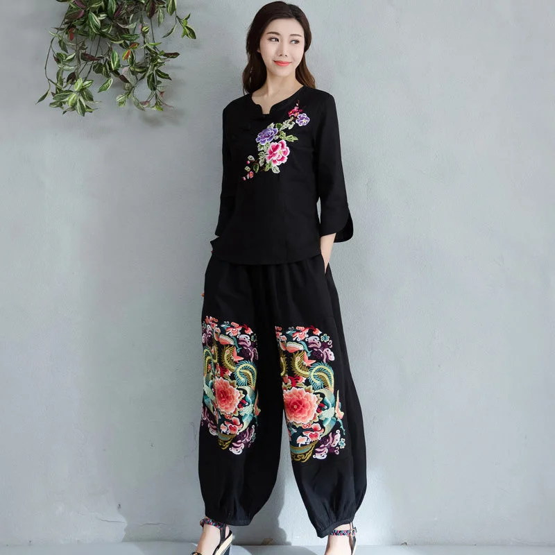 Floral Embroidery Signature Cotton Traditional Chinese Style Women's Loose Pants Classic Stretch Pants Floral Embroidery Signature Cotton Traditional Chinese Style Women's Loose Pants Classic Stretch Pants