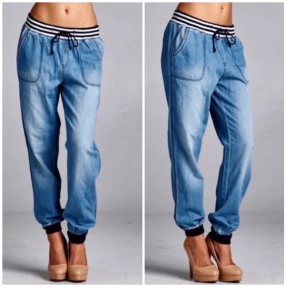 Light Denim Elastic Pull On Waist Jogger Casual Pants Womens Chic Wool Trousers
