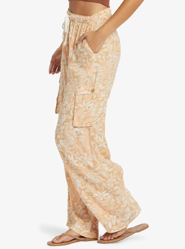 Precious High-Waist Printed Cargo Pants - Egret Soft Tropics Trendy Wide-Legged Trousers