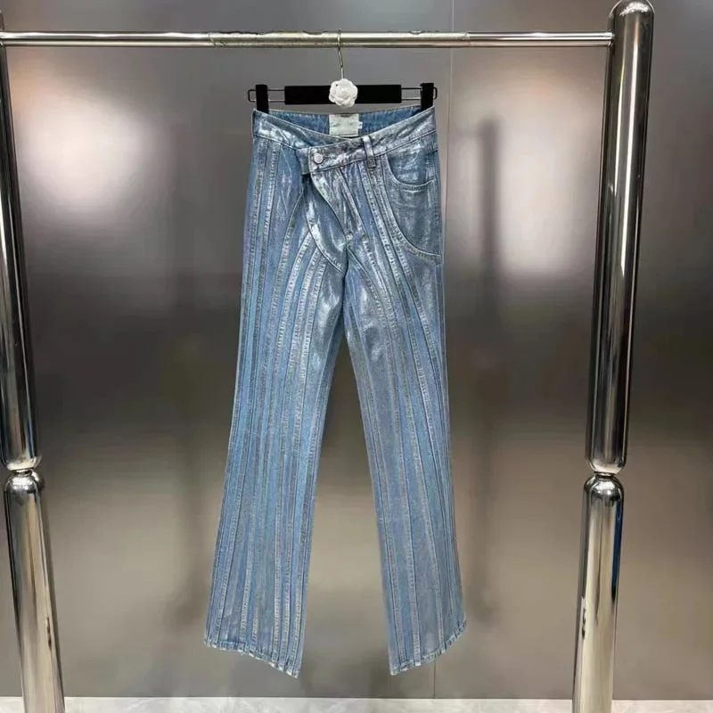 Silver Striped Blue Loose Denim Pants High-Waist Jeans