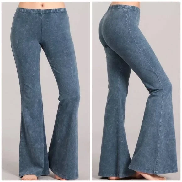 Steel Blue Boho Mineral Wash Flared Bell Bottom Stretch Pull On Pants Womens Formal Slim Pants
