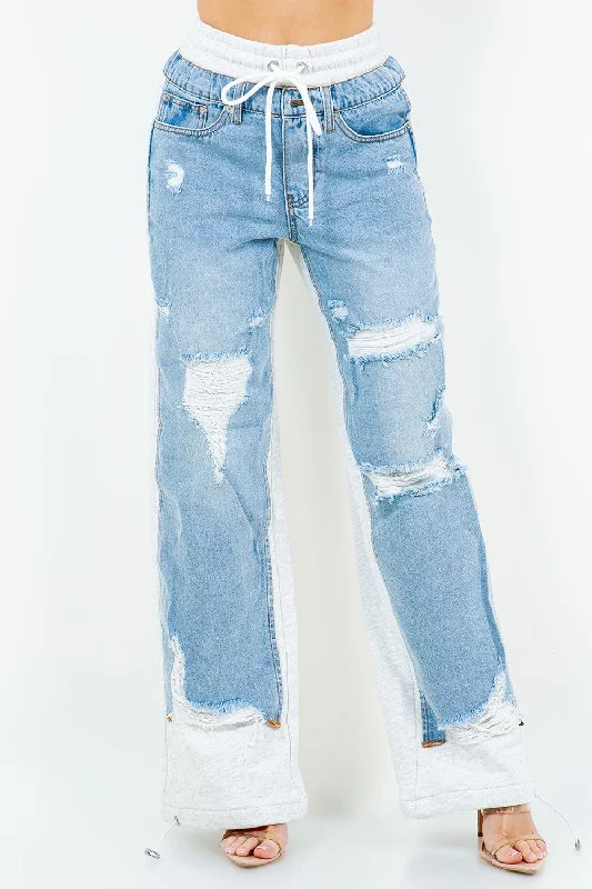Women's French Terry Combo Denim Pants - LAJJF001 Trendy Tapered Pants