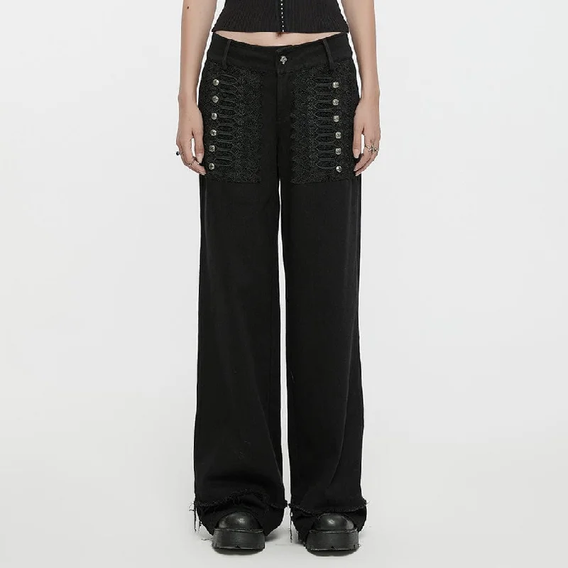 Women's Punk Lace Splice Unedged Denim Pants Soft Cotton Pants