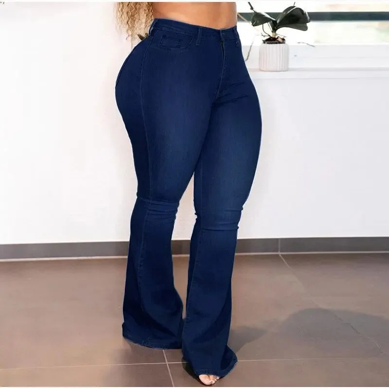 Women's Vintage Street Style Stretchy High Waist Denim Flare Pants Elegant Palazzo Trousers