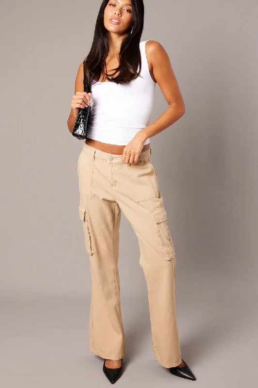 Beige Cargo Jean Mid Rise Chic Rolled Cuff Denim Jeans
