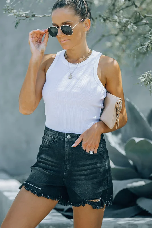 Mid-Rise Distressed Black Denim Jean Shorts Comfortable Jogger Style Jeans