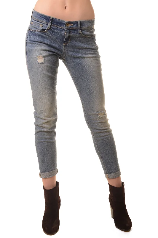 Distressed Boyfriend Skinny Jean Stylish High-Rise Mom Jeans