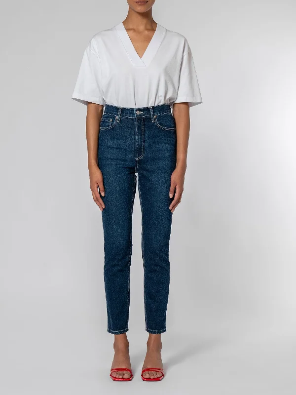 Frankie Jean Deep Indigo Fashionable Raw Hem Bootcut Jeans