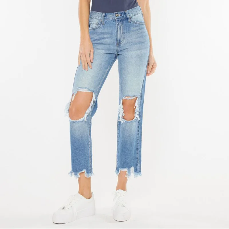 KanCan High Rise Chewed Up Mom Jean Stylish Tapered Fit Jeans