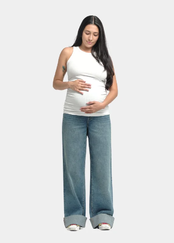 Maternity 36" Roll Cuff Wide Leg Jean with Bellyband in Willa Comfortable Straight-Legged Denim