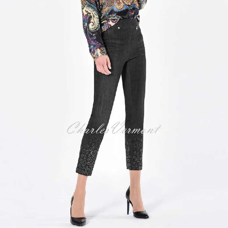 Robell Rose 09 - 7/8 Cropped Length Jean 52427-54973-90 Embellished Ankle (Black) Elegant Tapered Leg Denim