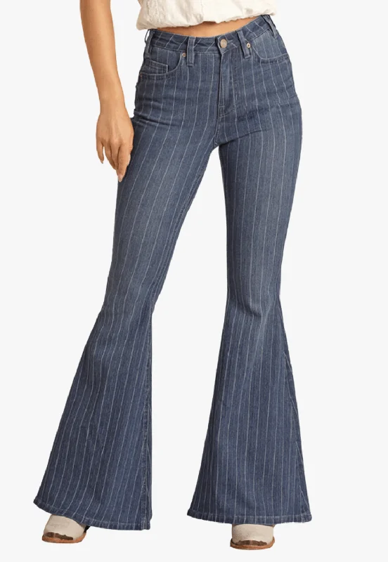 Rock and Roll Womens High Rise Stripe Bell Bottom Jean Stylish Paperbag Waist Denim