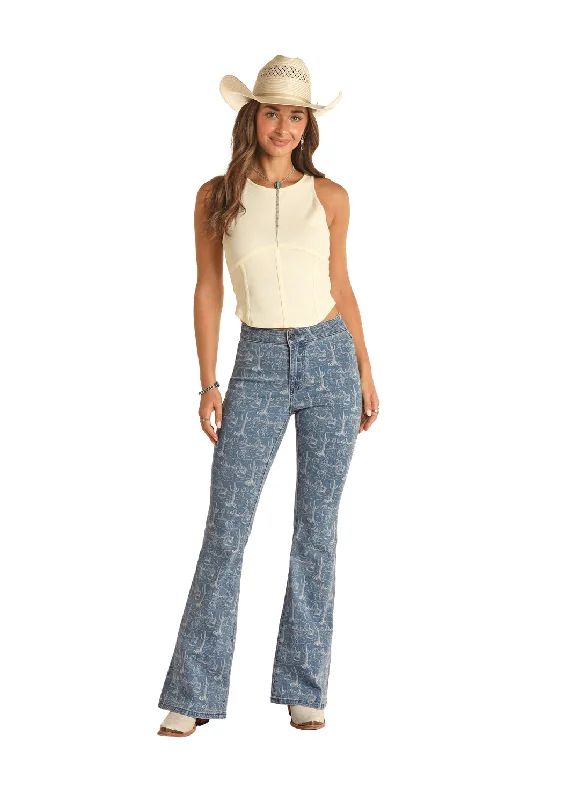 Rock & Roll Denim High Rise Extra Stretch Desert Print Flare Jean Casual High-Waisted Bootcut Jeans