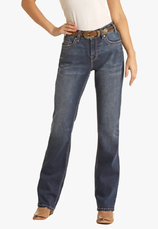 Rock & Roll Womens Relaxed Mid Rise Straight Jean Chic Rip-Detail High-Waist Jeans