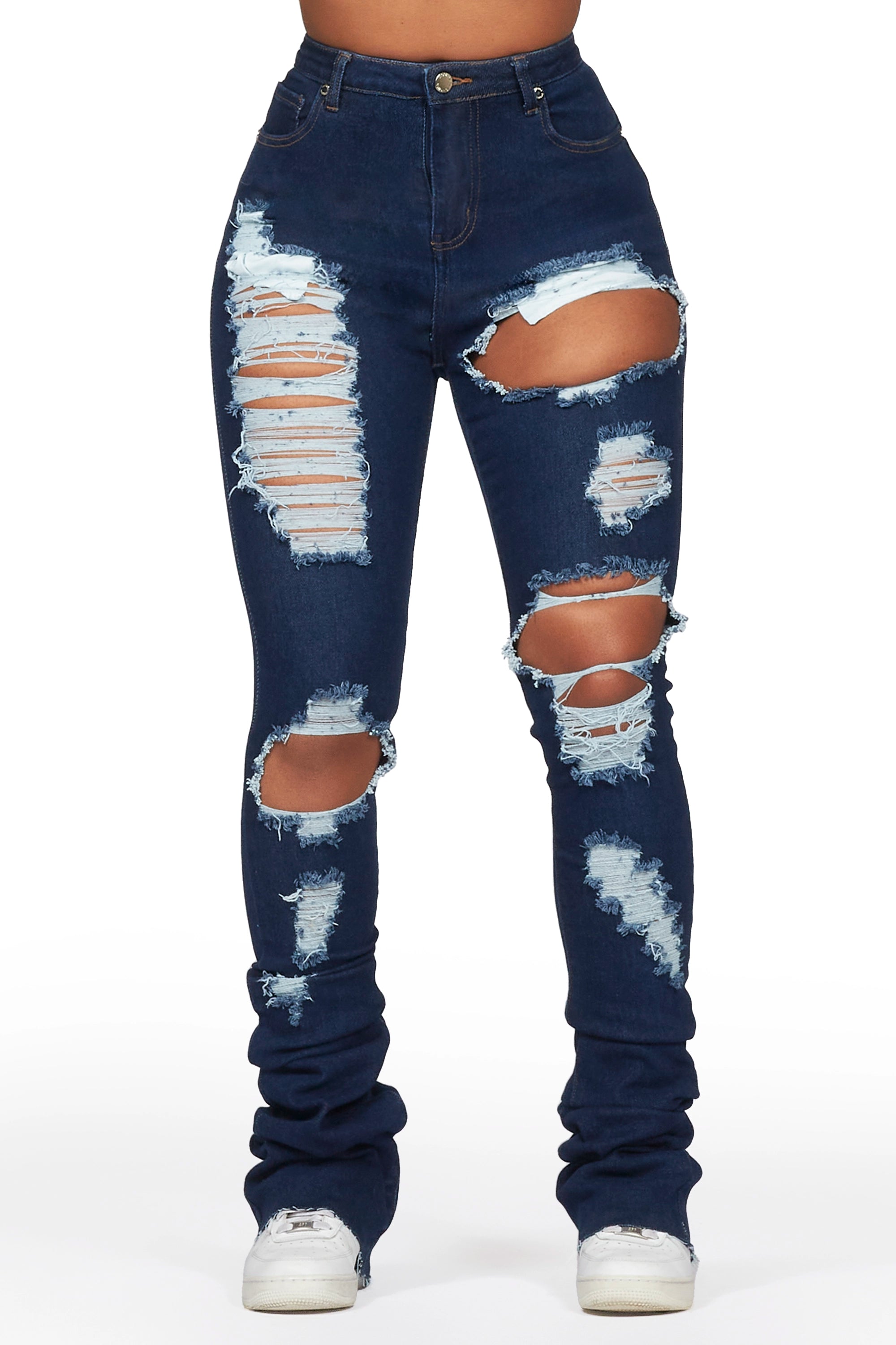 Nadine Dark Wash Distressed Super Stacked Jean Casual Straight-Leg Jeans