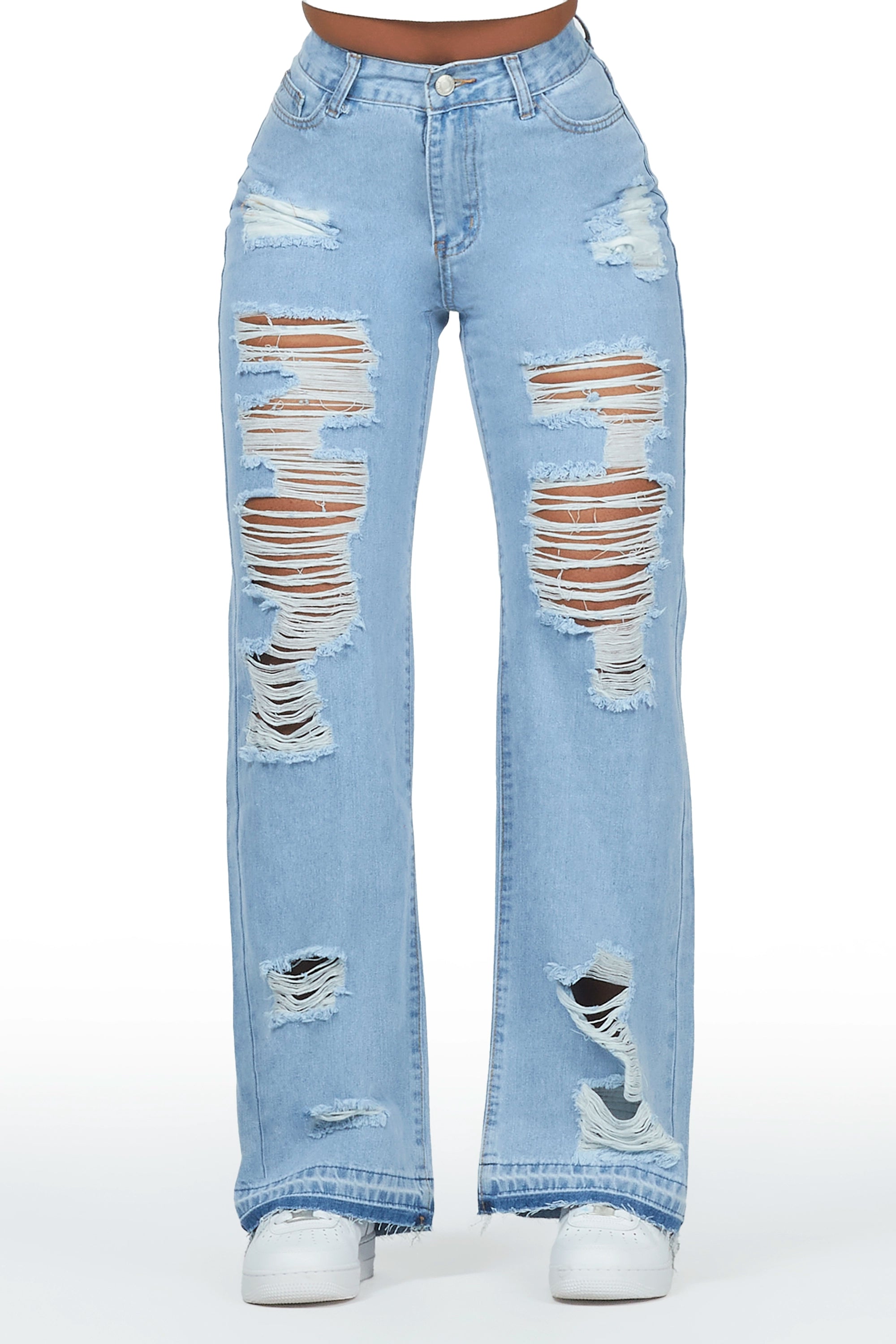 Steffone Light Wash Distressed Wide Leg Jean Casual Bootcut Ripped Jeans