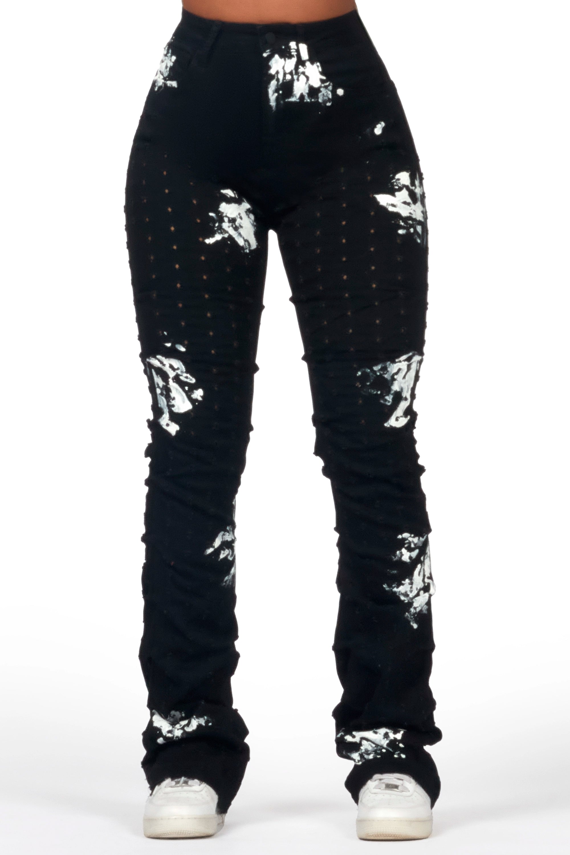 Sheriece Black Painted Stacked Flare Jean Fashionable Raw Edge Jeans