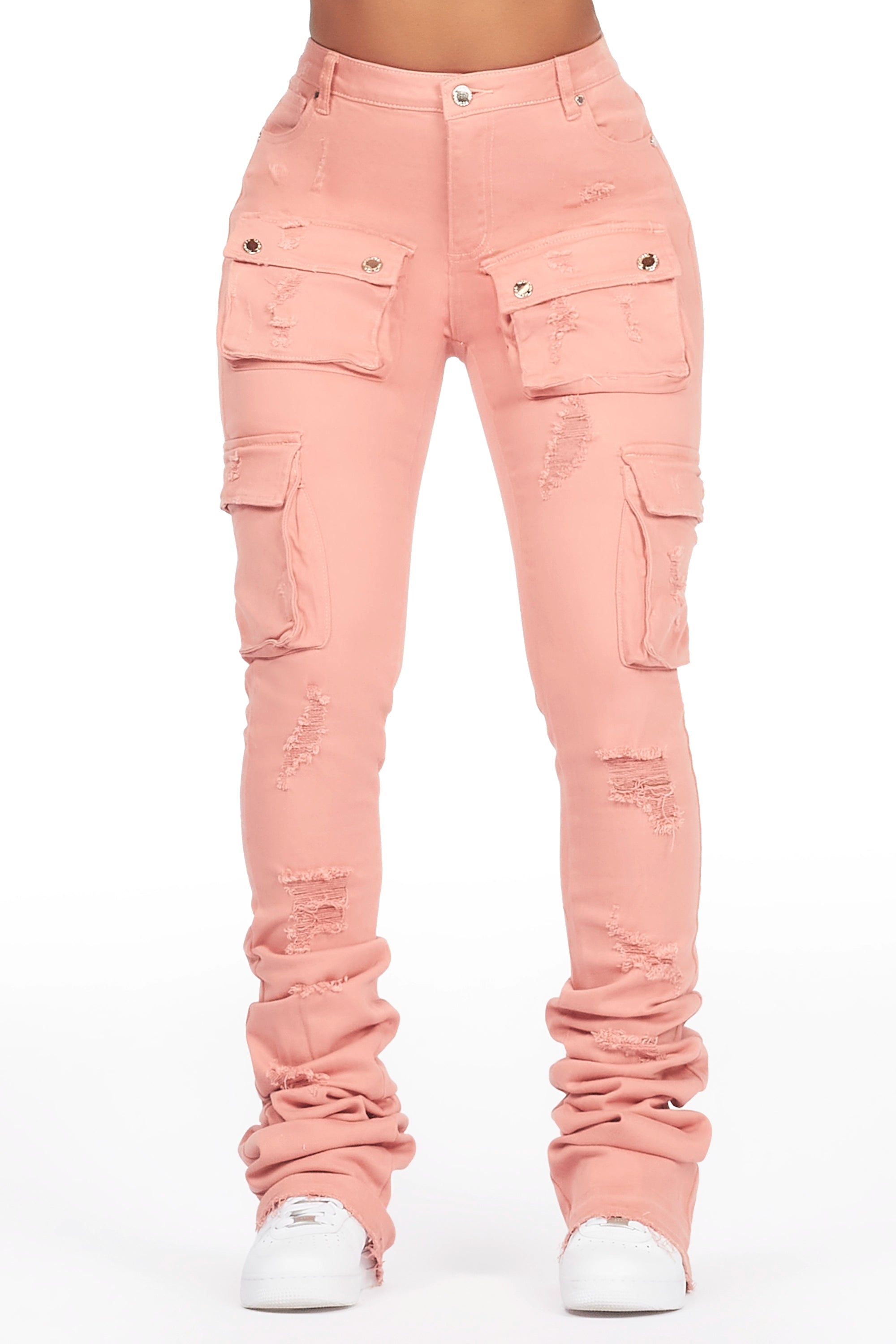 Noor Pink Cargo Super Stacked Jean Chic Rip-Detail High-Waist Jeans