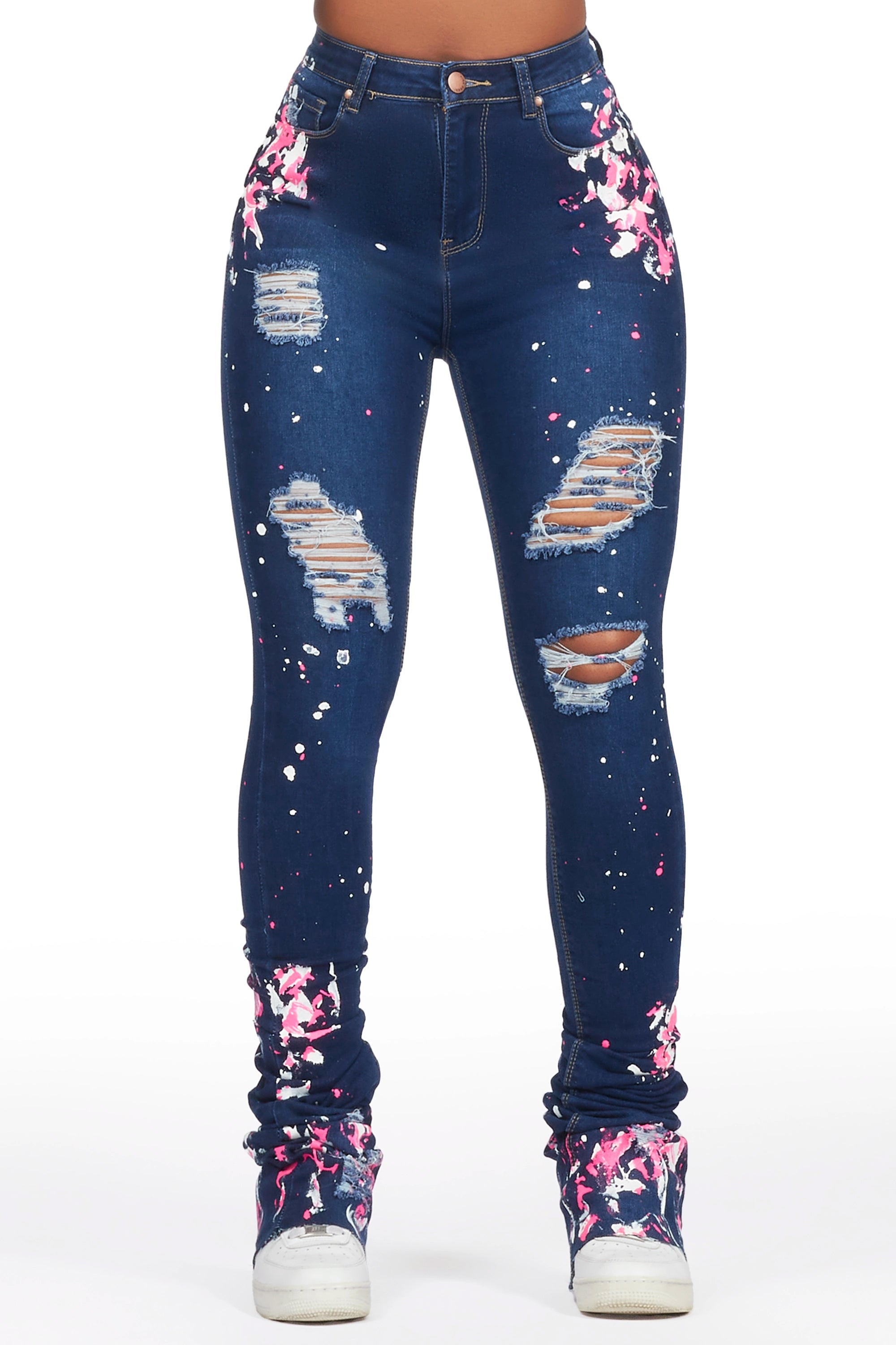 Lovie Dark Wash Painted Super Stacked Jean Comfortable Low-Rise Jeans