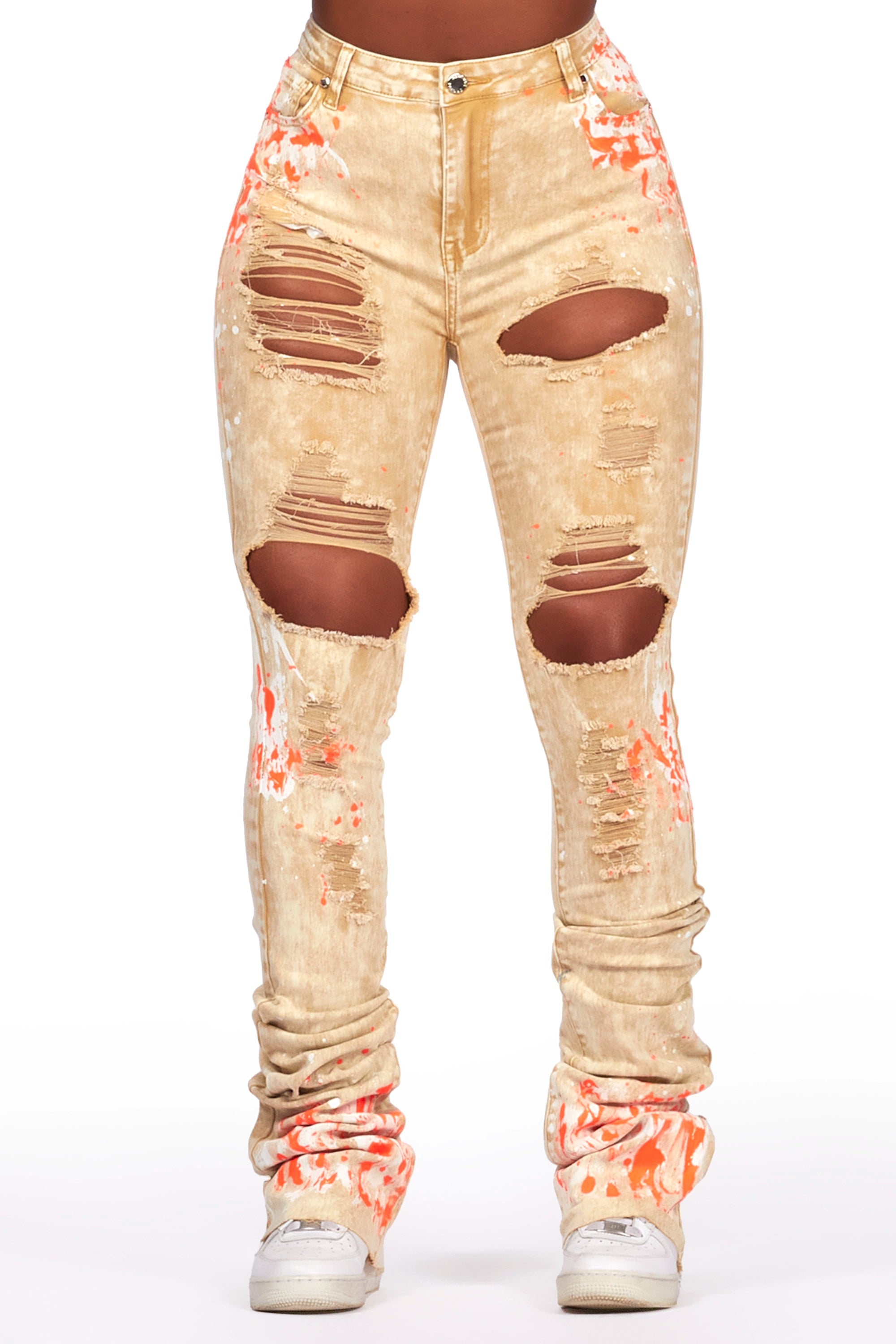 Calisha Tan Painted Super Stacked Jean Fashionable Slouchy Fit Jeans